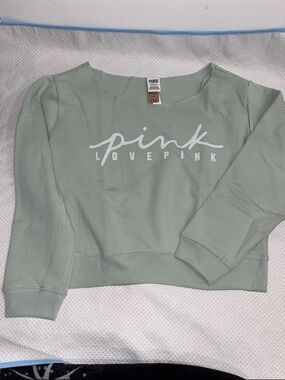 PINK Sage Green Graphic Crewneck Sweatshirt